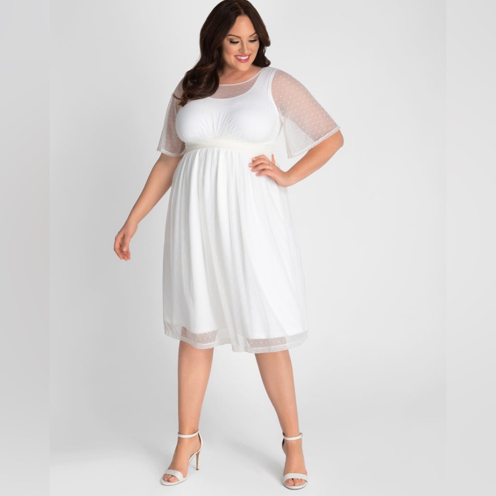 Kiyonna Bridal Wedding Dress XL NEW White Half Sheer Sleeve Knee Length